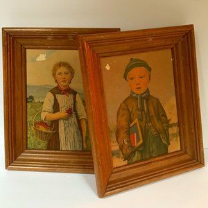 2 VTG Albert Anker Prints Strawberry Girl Berner Boy School Book Slate Children
